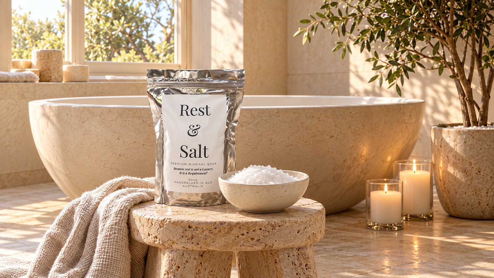 Rest & Salt packet and white bath salts in a sunlit bathroom with a freestanding bath