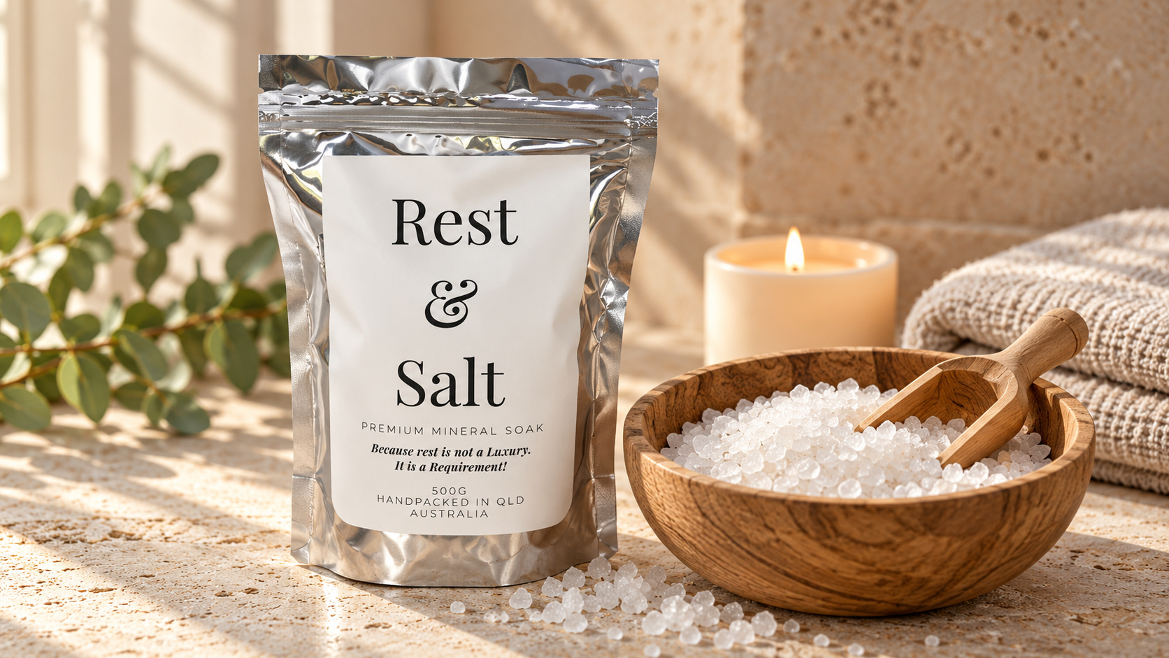 Rest & Salt silver packet beside a wooden bowl of white mineral bath salts