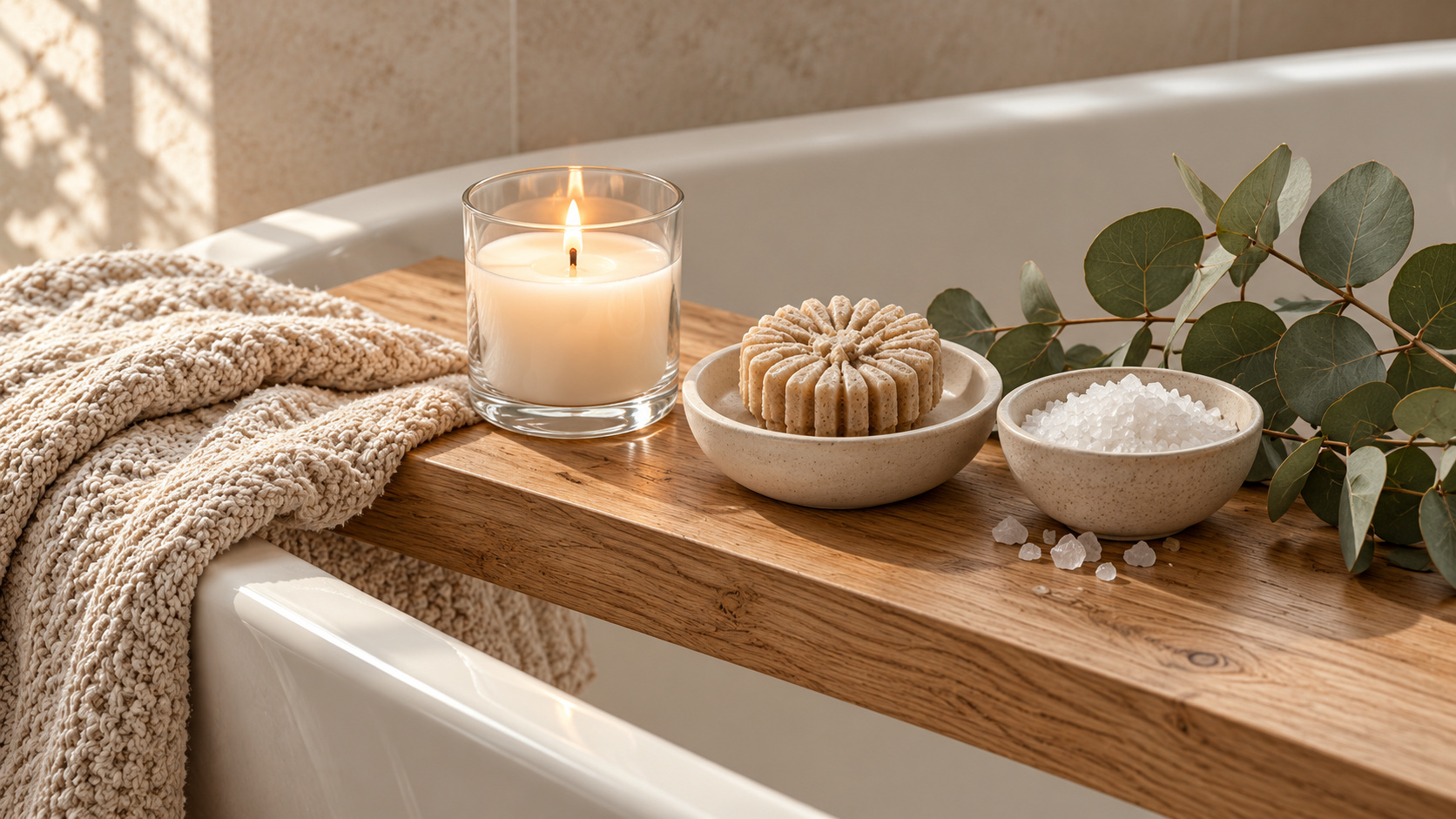 A candle, textured towel, soap and white bath salts on an oak bath tray