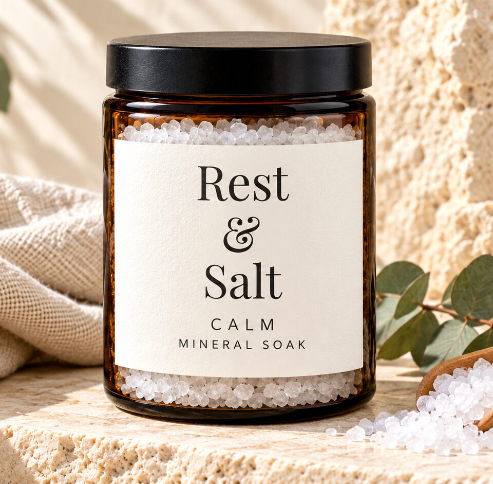 Rest & Salt Calm mineral bath salts, with white salt crystals